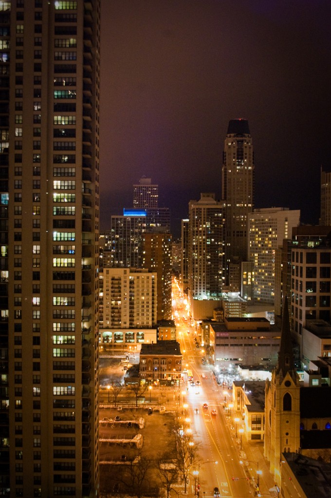 4-MAR-2013: Looking up State Street from the Vertigo Sky Lounge atop the Dana Hotel & Spa, home again to our annual Chicago party.