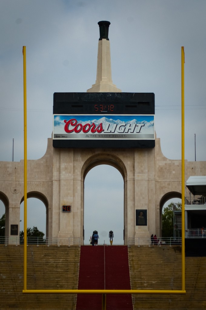 13-APR-2013: The Peristyle captured from the L.A. Coliseum turf following USC's annual spring football game.