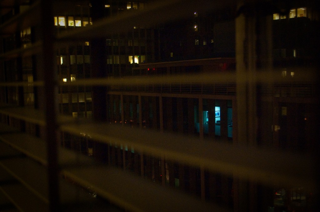 27-MAR-2013: Nighttime lights in DTLA highrises through my living room blinds.