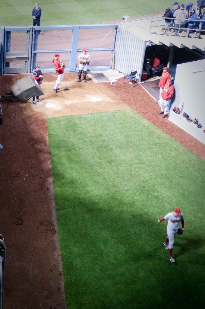 7-MAY-2013: A rarely seen angle of the RF bullpen at Dodger Stadium as an Arizona reliever heads out to get loose.