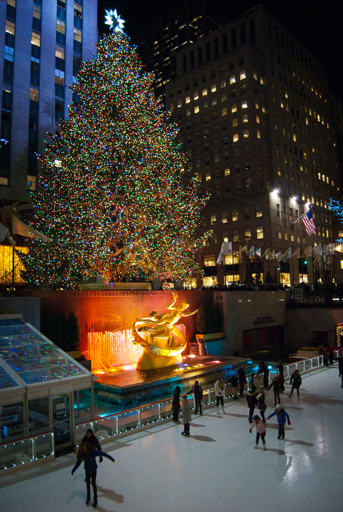 12-DEC-2013: Rockefeller Center Christmas tree and skating rink. Iconic.