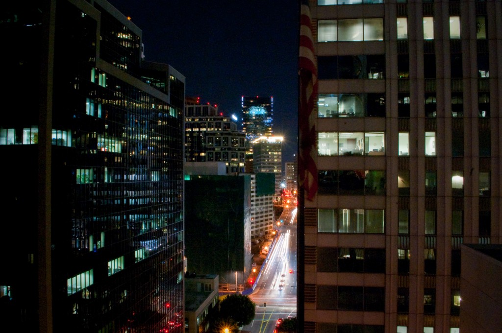 A chilly nighttime view west on Wilshire Blvd. from my building's rooftop pool deck.