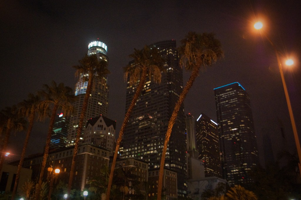 25-JAN-2013: Pershing Square palm trees can't hide the DTLA skyline.
