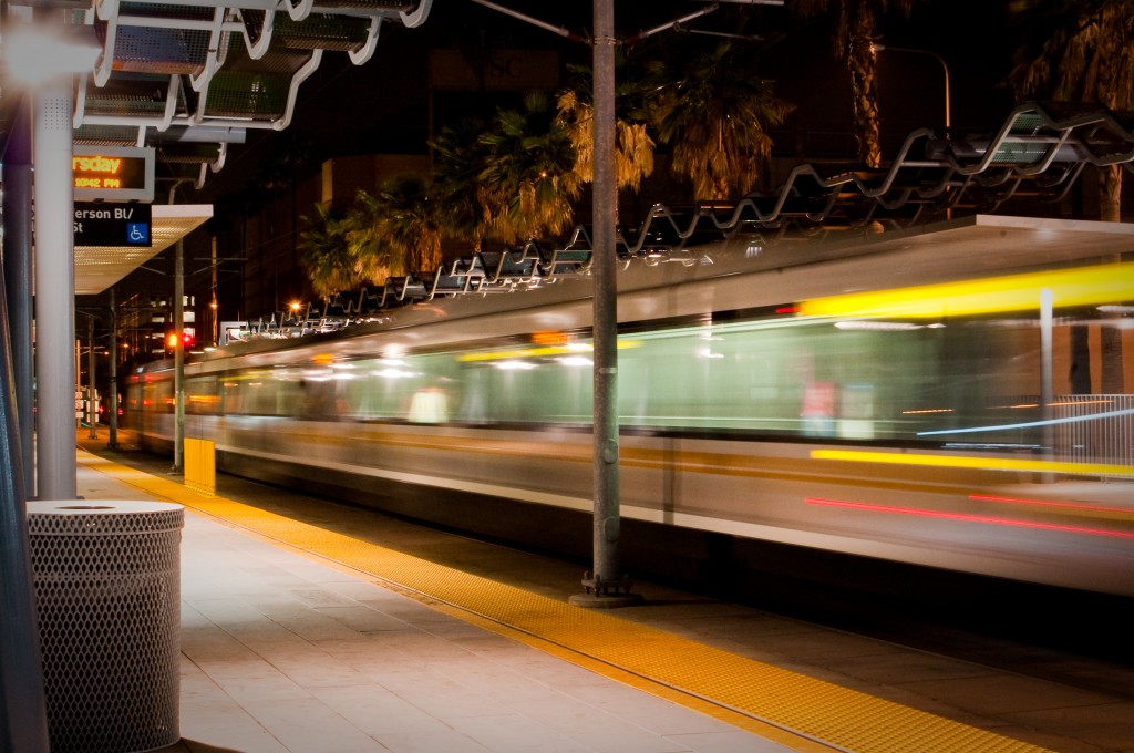 7-FEB-2013: Got this long-exposure shot of a Metro train leaving the Jefferson/USC station after a USC hoops game.