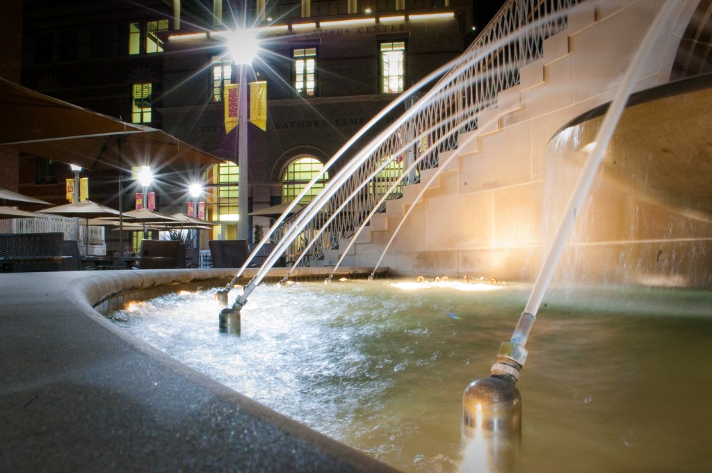 29-JAN-2013: A long-exposure shot of a fountain outside the USC Campus Center.