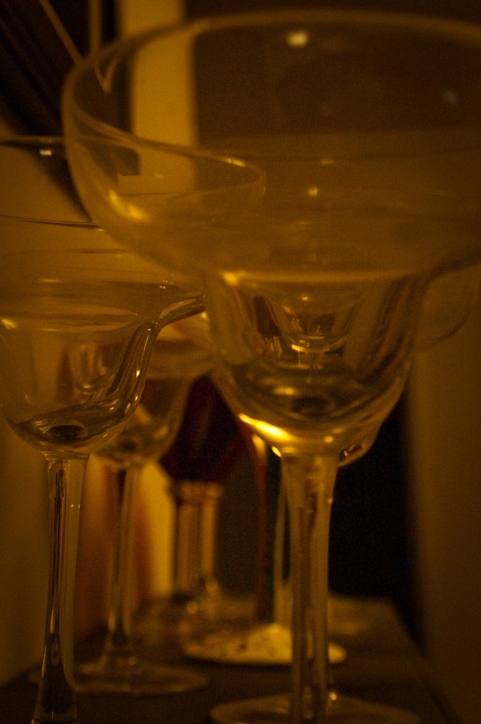 21-MAR-2013: Margarita glasses above the wet bar in the apartment.