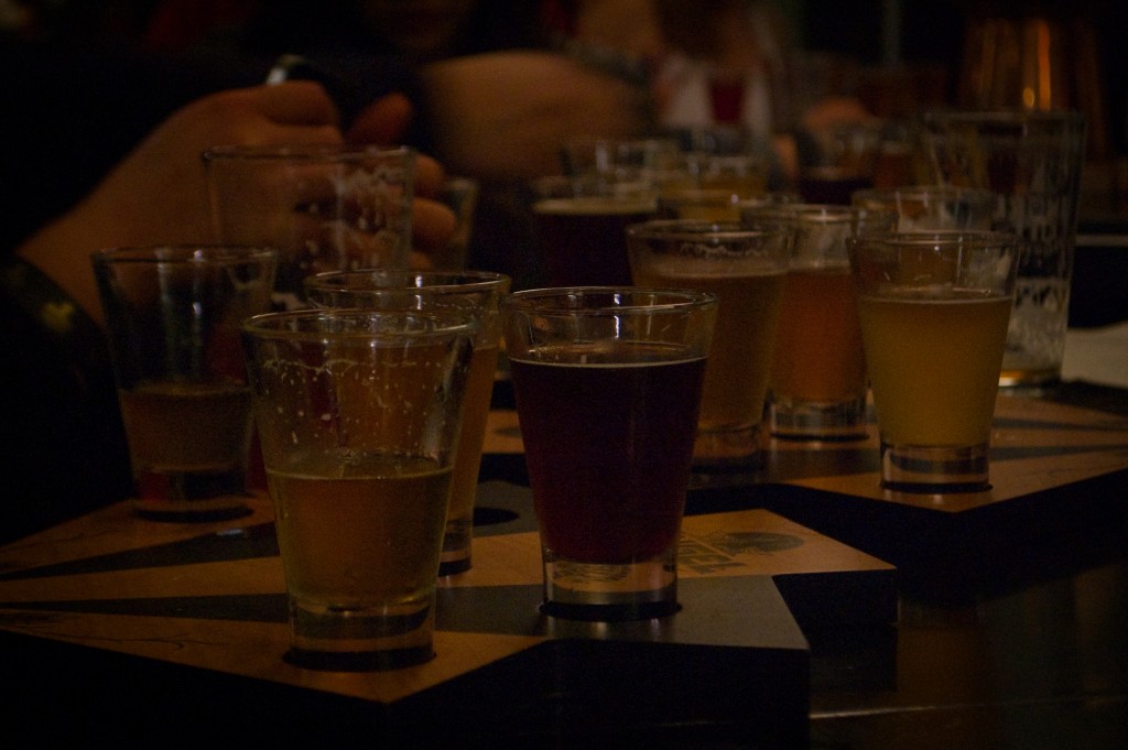 30-MAR-2013: Plenty of samples across the bar at Angel City Brewery's tasting room in DTLA.