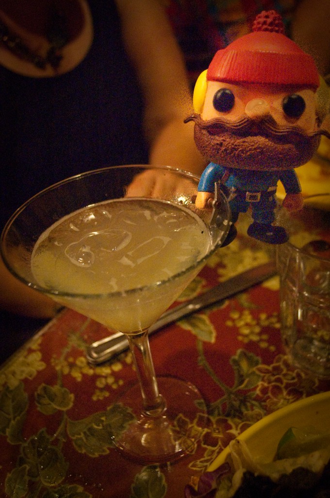 11-MAY-2013: During a birthday/Mother's Day celebration, Yukon Cornelius scales an L.A. Lemonade at the La Habra outlet of the world famous El Cholo.