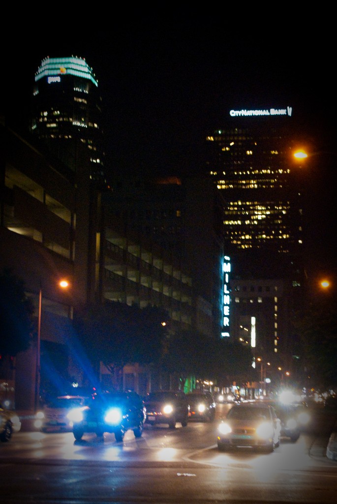 31-MAY-2013: Friday night traffic at the corner of 9th and Flower in DTLA.