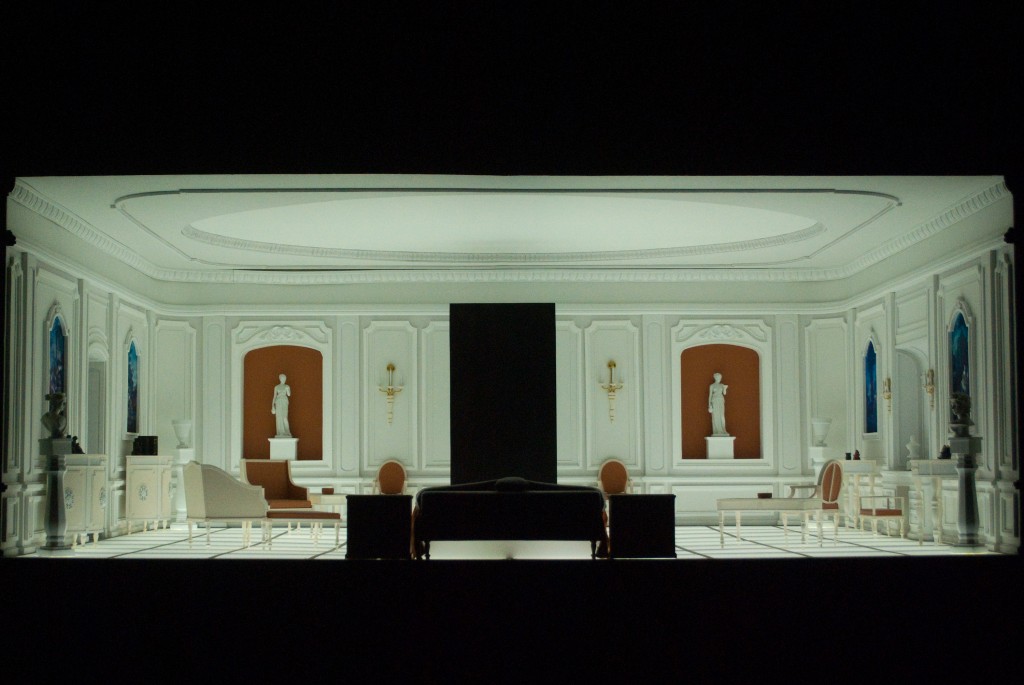 16-JUN-2013: This incredible miniature room (probably measuring 15-20 inches tall and 3-5 feet wide) is from "2001: A Space Odyssey" and was part of the Kubrick Exhibit at LACMA, hanging from the ceiling in one of the exhibit galleries.
