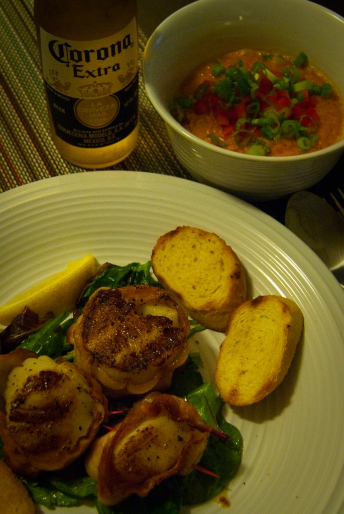 14-JUL-2013: A wonderful home-cooked meal of bacon-wrapped scallops and gazpacho. Perfect for a Sunday night.