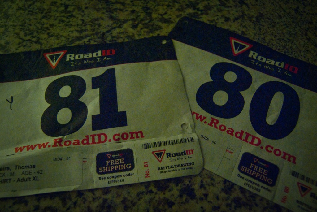 16-SEP-2013: Our bibs from Sunday's USC 5K were still on the counter when I got home on Monday evening.