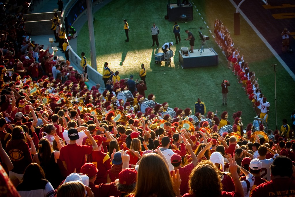 9-NOV-2013: Buck Allen leads the band and fans after another USC Weekender win in Berkeley.